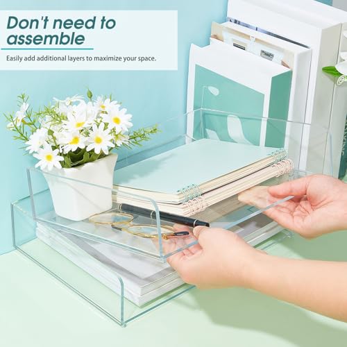 Yulejo 2 Pcs Stackable Acrylic Desk Organizers Paper Tray Storage Tier Accessories Paper File Office Organizer Tray Stackable Document Clear Desk Accessories for Office Workspace Organization