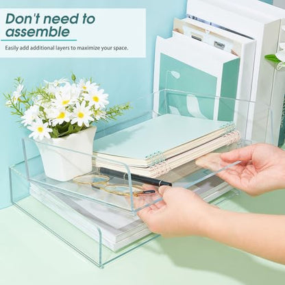 Yulejo 2 Pcs Stackable Acrylic Desk Organizers Paper Tray Storage Tier Accessories Paper File Office Organizer Tray Stackable Document Clear Desk Accessories for Office Workspace Organization