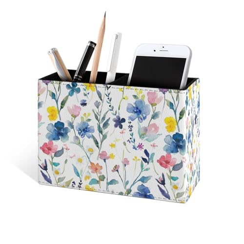 Famame Watercolor Colorful Floral Leaves Pencil Holder for Desk, Leather Desktop Container Pen Cup Storage Study Table Pen Organizer Makeup Brush Holder for Classroom Office Home - color: Watercolor Floral Leaves