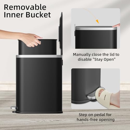 KUK Slim Bathroom Trash Can with Lid Soft Close, Step Pedal, 2.6 Gal/ 10L Stainless Steel Garbage Can with Removable Inner Bucket, Anti-Fingerprint Wastebasket for Office, Bedroom, Toilet (Black) - color: Matt Black-P2