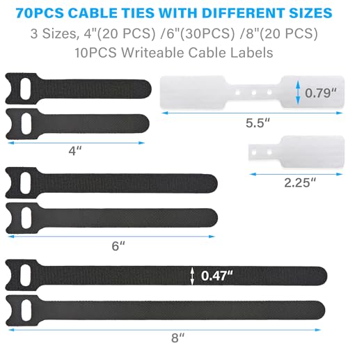 70 PCS Reusable Cable Ties with Hook and Loop, Multi-purpose Adjustable Cable Management Wire Ties & 10 PCS Cable Labels, Cord Organizer for Home, Office and Data Centers (Black+Grey) - color: 4/6/8 Inch 70 Pcs&10 Labels-bg