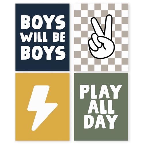 HRQKO Boho Boys Room Wall Art Poster Set, Positive Boys Playing Prints, Black Checkered Hand Prints, Unframed (blue) - 4 Pieces (12'x16') - color: blue4, size: 8x10