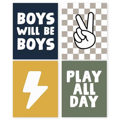 HRQKO Boho Boys Room Wall Art Poster Set, Positive Boys Playing Prints, Black Checkered Hand Prints, Unframed (blue) - 4 Pieces (12'x16') - color: blue4, size: 8x10