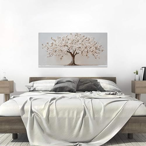 YISXINOAG Tree of Life Wall Art Modern Canvas Art Wall Decor White Flower Wall Decor Modern Flower Tree Painting White Pictures for Bathroom,Dining Room Ready to Hang Canvas Artwork Size 20"X40" - color: beige white, size: 40"L x 20"W