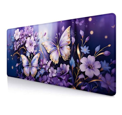 IMAYONDIA Gold Butterfly Desk Pad, Purple Flowers Large Mousepad, Floral Desk Mat, Modern Beutiful Extended Mouse Pads for Laptop, Computer Pad for Women Girls Office, 31.5x11.8 in - color: Purple Butterfly