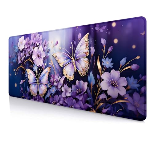 IMAYONDIA Gold Butterfly Desk Pad, Purple Flowers Large Mousepad, Floral Desk Mat, Modern Beutiful Extended Mouse Pads for Laptop, Computer Pad for Women Girls Office, 31.5x11.8 in - color: Purple Butterfly