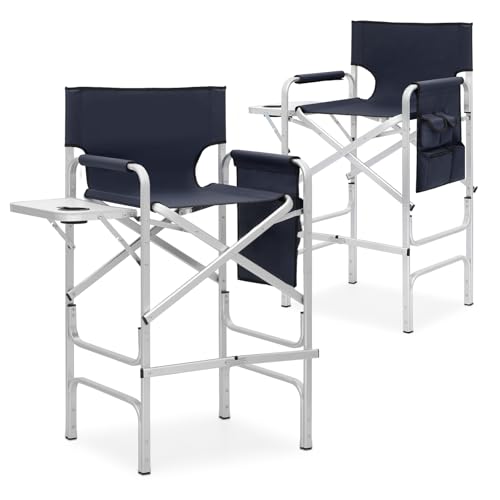 MoNiBloom 44.5" Foldable Tall Director Chair Folding Portable Aluminum Frame Makeup Artist Chair, with Side Table, Cup Holder and Pockets, 250lbs Capacity (Set of 2, Navy Blue) - color: Navy Blue, size: 23.5" x 17" x 44.5" (2 Pack)