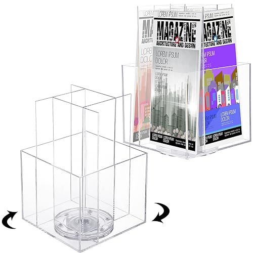 Suzile 2 Pcs Clear Acrylic Rotating Brochure Holder for 4 Pocket Spinning Pamphlet Holder 360° Sticker Display Stand Organizer for Magazine Flyer Gift Card Countertop Tabletop Office, 6x 6 x 9 Inch