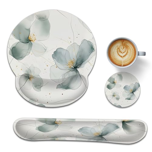 Abstract Floral Ergonomic Keyboard and Mouse Wrist Rest Set, Watercolor Mouse Pad with Non Slip Base, Soft Cloth Surface for Office and Home Typing Support - color: Abstract Floral Watercolor