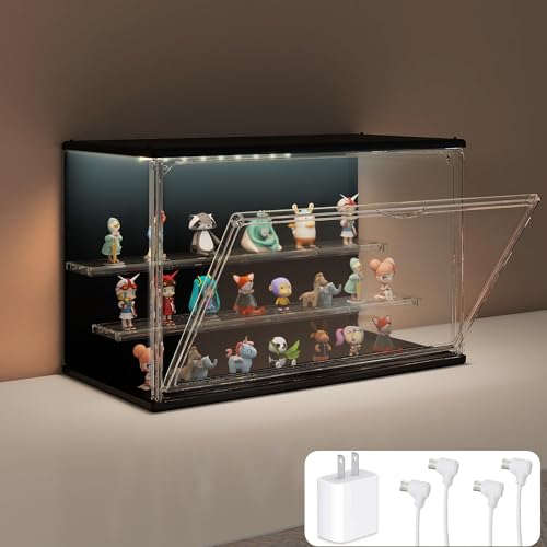 Clear Display Case for Collectibles, 3-Tier Adjustable Figure Display Case with LED Light, Stackable Acrylic Showcase with Magnetic Door for Jewelry,Collectibles (Black, 1 Pack-8.7" H) - color: Black, size: 1 Pack-8.7"H