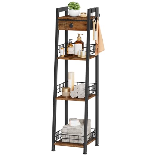 Gewudraw 4-Tier Narrow Ladder Shelf with Drawer, Bathroom Table Stand for Small Space, Narrow Bathroom Standing Shelves with Storage for Living Room Bedroom Kitchen, Organizer Shelf, Rustic Brown - color: Rustic Brown, size: 4 Tier Narrow