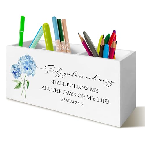 Hydrangea Christian Decor, Hydrangeas Pen Holder for Office Desk, Christian Hydrangea Gifts for Women Men, Bible PSALM 23:6 Wooden Pencil Holder Sign Organizer for Home Office Desk Accessories - color: wathet