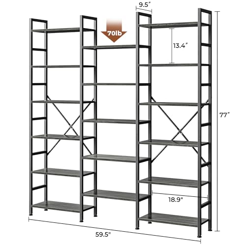 SUPERJARE Triple Bookshelf, Bookcase with 17 Open Display Shelves, Wide Book Shelf Book Case for Home & Office, 6 Tier, Grey - color: Grey, size: 6 Tier
