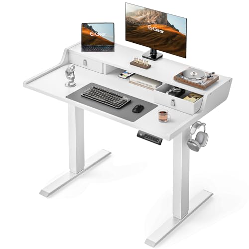 ErGear Electric Standing Desk with Drawers, 40″ x 24″ Small Gaming Table Compatible Monitor Stand, Stand up Desks, Home Office Height-Adjustable Desk with Storage Shelf, 4 Preset Heights, White - color: White, size: 40" X 24"