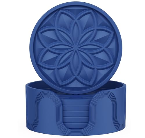 HFHOME Silicone Coasters Set With Holder - 6 Pack for Drinks, Coffee Table, Cup Mat, Desk, Bar - Tabletop Protection Gift - Navy Blue - color: Navy Blue