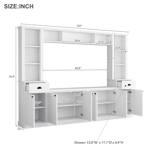 Merax Modern TV Stand Set w/Adjustable Bridge, Storage Media Console & Wall Units - Minimalist Entertainment Center for Living Room, White
