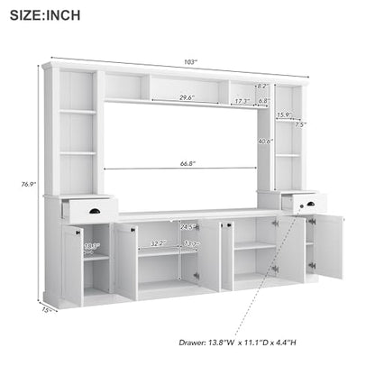 Merax Modern TV Stand Set w/Adjustable Bridge, Storage Media Console & Wall Units - Minimalist Entertainment Center for Living Room, White