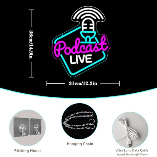 Podcast Live Neon Light Sign Rose White Letter LED Sign Studio Live Neon Light for Wall Decor Podcasters Recording Studios for Beer Bar Streaming Studio Gamer Room Bedroom Man Cave - style: podcast live