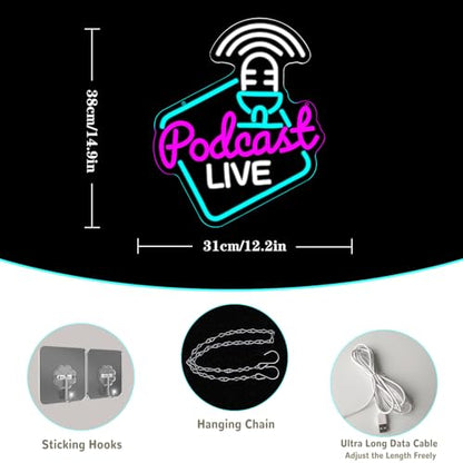 Podcast Live Neon Light Sign Rose White Letter LED Sign Studio Live Neon Light for Wall Decor Podcasters Recording Studios for Beer Bar Streaming Studio Gamer Room Bedroom Man Cave - style: podcast live