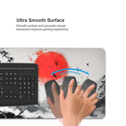 Extra Large Gaming Mouse Pad, Samurai and Bamboo Forest Japanese Style, Non-Slip Rubber Base, Stitched Edges, 35.4 x 15.7 Inches - color: Samurai & Red Sun