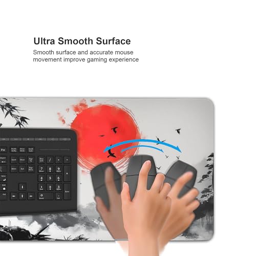 Extra Large Gaming Mouse Pad, Samurai and Bamboo Forest Japanese Style, Non-Slip Rubber Base, Stitched Edges, 35.4 x 15.7 Inches - color: Samurai & Red Sun