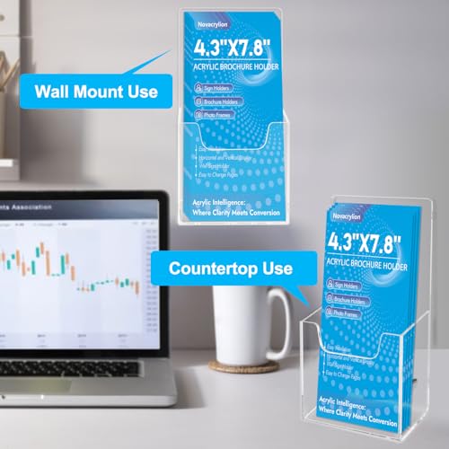 Clear Acrylic Brochure Holder, Wall Mount & Desktop Menu Display Stand | 4 Pack | 3mm Thick | Hardware Included | Sturdy & Stable | Fits Trifold Flyers, Booklets | For Hotel, Church, Reception Desks - color: 4 Pack, size: 4.3*7.8inch