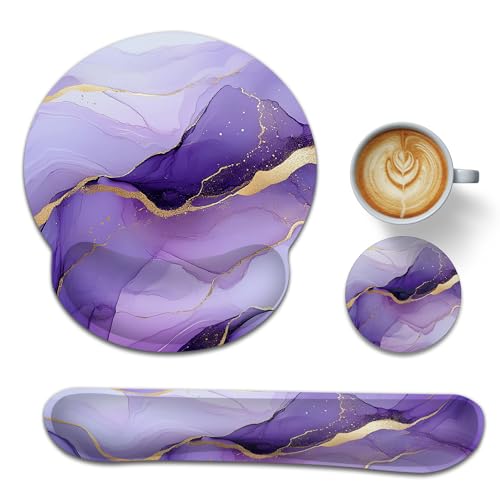 Marble Ergonomic Memory Foam Wrist Rest Set for Keyboard and Mouse,Purple Gold Flowing Marble Supportive Mouse Pad with Non Slip Base for Office Work and Gaming - color: Marble Purple Gold Flowing Marble
