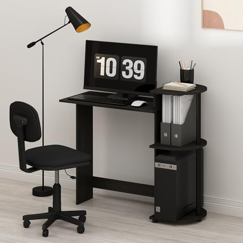 Furinno EFFICIENT Desk, 28.6" Wide Gaming Desk with 3 Open Side Shelves, Laptop Notebook Computer Desk, Office Desk for Home Office, Study Room, Dorm, Bedroom, Solid Black - color: Solid Black/Grey, size: Square Side Shelves