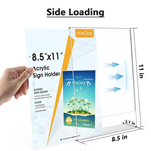 MaxGear Acrylic Sign Holder, 8.5 x 11 L-Shape Plastic Display Stand, 6 Pack | Clear Acrylic Material, L-Shape Design for Menus, Flyers and Signs, Easy Paper Insertion, Use In Office, Home, Store