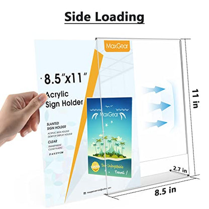 MaxGear Acrylic Sign Holder, 8.5 x 11 L-Shape Plastic Display Stand, 6 Pack | Clear Acrylic Material, L-Shape Design for Menus, Flyers and Signs, Easy Paper Insertion, Use In Office, Home, Store