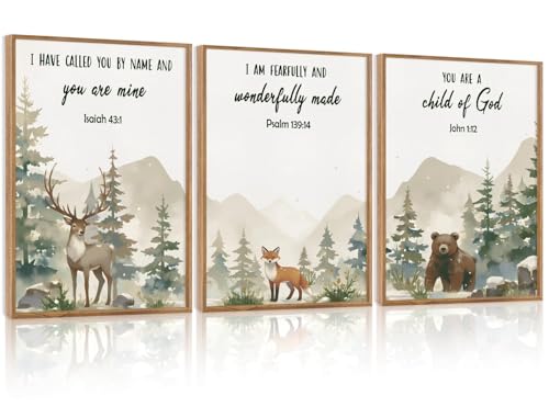 HPNIUB Woodland Animal Christian Framed Wall Art Set,Bible Verse Quote Wall Decor,Nature Forest Religious Art Print,Misty Forest Deer Bear Fox Artwork for Nursery,Kids Bedroom,Study Room-24"x36"x3 - color: Animals&bible Verses Wall Art, size: 36"L x 36"W