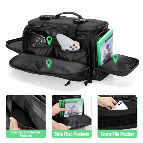 PGmoon Tactical Console Carrying Case Compatible with Xbox Series X, Travel Carry Case Bag with Multi-Pockets for Controllers, Discs & More Accessories (Patent Design)