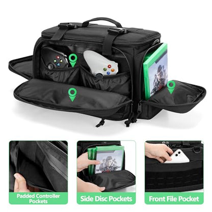 PGmoon Tactical Console Carrying Case Compatible with Xbox Series X, Travel Carry Case Bag with Multi-Pockets for Controllers, Discs & More Accessories (Patent Design)