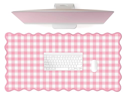 Scalloped‌ Pink Checkered Gingham Desk Mat Cute Pastel Large Mouse Pad Kawaii Cottagecore ‌Vintage‌ Girly Laptop Keyboard Computer Mat Pad Aesthetic Cozy Office Desk Decor for Women - color: A3-pink
