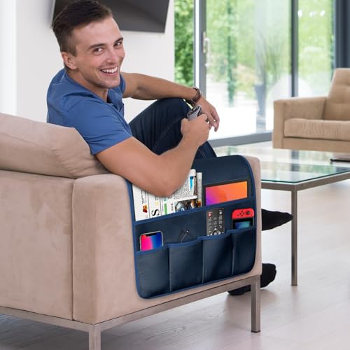 TV Remote Control Holder Couch Caddy, Non-slip Bedside Caddy Organizer with 5 Pockets for Key Glasses Phone Magazine Holders - color: Blue-A, size: 35"x18"