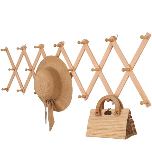 SCUNDA Wall Rack with 20 Hooks, Wooden Wall Expandable Coat Rack for Coat, Hats, Baseball Caps, Coffee Mug, Jewelry(Natural) - color: Natural, size: 20 Hooks