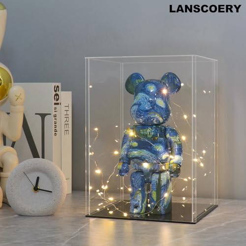 LANSCOERY Acrylic Display Case, 7x6x10 in, Upgraded Thickened UV-Resistant Showcase, 98% Clarity Dustproof Box with Glossy Black Base for Action Figures, LEGO & Models, Includes Scraper & LED Light - color: Black, size: 7x6x10inch; 18x16x25cm