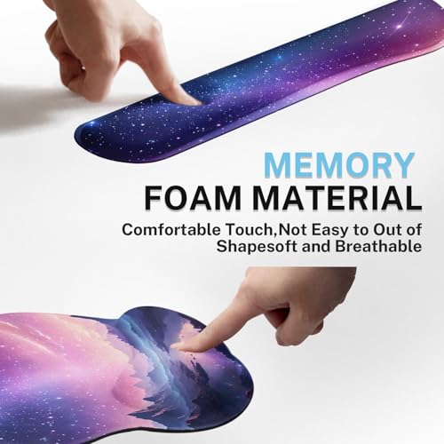 Arttown Dreamy Galaxy Desk Mat Mountains Nebula Mouse Pad Set 4 in 1 Night Sky Ergonomic Design Large Desk Pad + Keyboard Wrist Rest + Mouse Wrist Rest + Coaster Suitable for Home Office Study Game - color: Purple Starry Sky