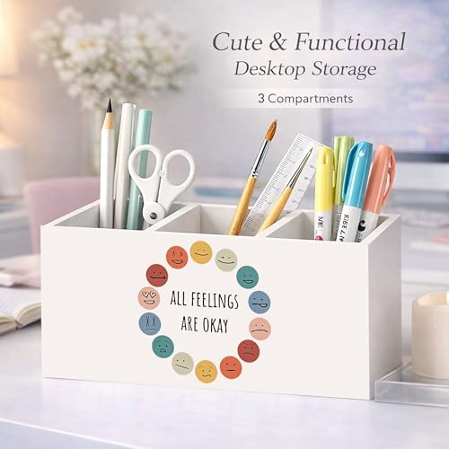 Colorful Emotions Wooden Desk Organizer Pen Pencil Holder | Colorful faces design; wooden holder organizes pens, pencils, and desk supplies for office, school, home, or study. - color: All Feelings Are Okay