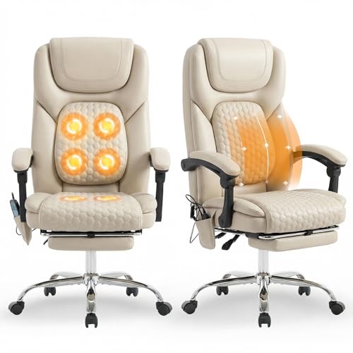 MALOL Massage Office Chair Set of 2 with 3-Level Heat and Footrest – 20-Min Easy Assembly, 300 lbs Big and Tall Desk Chair, PU Leather Ergonomic Executive Computer Chair with Side Pocket, Beige - color: Beige, size: Set of 2, style: Modern