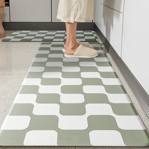 Sage Green Retro Curvy Checkered Grid Checkerboard Kitchen Rug Sets [2 PCs], Anti-Fatigue, Waterproof Non-Slip Kitchen Mats Heavy Duty Comfort Foam Rug for Floor, Home, Laundry,17"x29"+17"x47" - color: Milkgrid-sage, size: 17.3"x29"+17.3"x47"-0.4"H