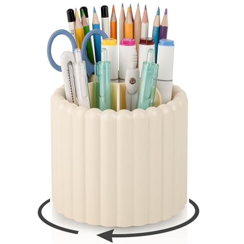 Anyoifax 360° Rotating Pen Holder 7 Slots Desk Organizer Removable Pencil Cup Plastic Art Supplies and Accessories Desktop Storage Box Caddy for Office, School, Home (Beige) - color: Beige, size: Small