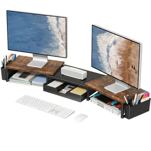 OPNICE Desk Organizers and Accessories, Dual Monitor Stand Riser with Drawer and 2 Pen Holders, Desk Shelf Wood Computer Racks for Office Workspace Organizers, Desktop Organization (Rustic Brown) - color: Rustic Brown