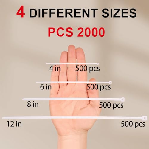 Zip Ties Assorted Sizes 4+6+8+12 Inch, 2000 Pack, White Cable Ties for Multi-Purpose, Nylon/Plastic Wire Ties for Home Improvement, Office & Outdoor Use (Clear-Colored Style). - size: 4+6+8+12 (2000 Pack)
