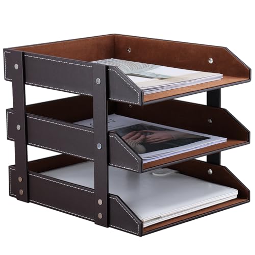KINGFOM Letter Tray, Leather Paper Organizer Tray, Wooden Desk File Holder, Desktop File, Stackable Magazine Holder, Mail Sorter, Great for Home or Office - 3 Level Brown - color: Brown, size: 13.8" x 10.8" x 12"