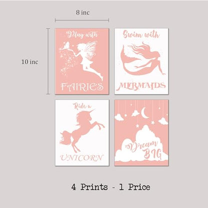 Play With Fairies Ride A Unicorn Swim With Mermaids Dream Big Quotes for Girl's Bedroom Empowerment, Nursery Wonder, Playroom Adventure, Birthday Party Pink Room Accent, Young Dreamer Surprises, Birthday Magic Gifts - 8x10 Unframed Glossy Print Set - styl