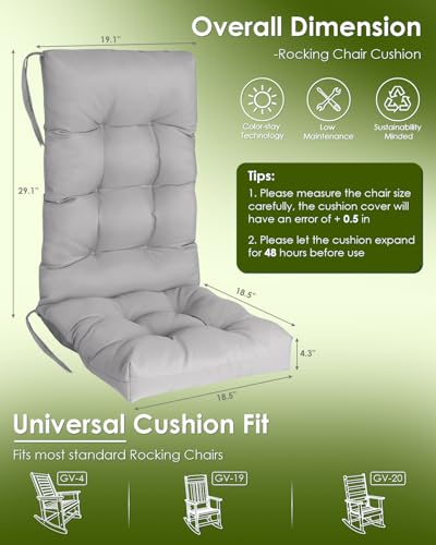 GREENVINES Rocking Chair Cushions Set of 2 | Polyester | Waterproof | Outdoor High Back Rocker Chairs Cushion | Seat with Ties | Non-Slip | Thickened Pad for Patio | 46.5" x 18.5" x 4.3" | Grey - color: Gray, size: 2PCS