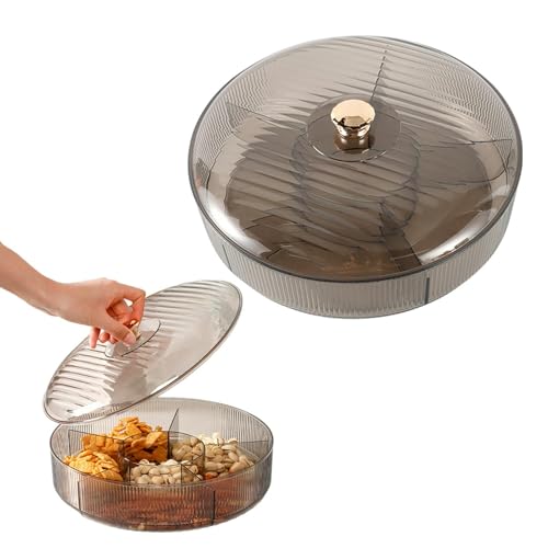 Divided Clear Snack Serving Tray with Lid, 6 Compartments Round Plastic Food Storage Organizer for Fruits, Nuts, Candies, Cookies, Stackable Snackle Box for Kitchen, Party and Picnic(Grey)