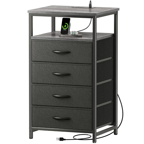 Huuger Night Stand with Charging Station, 4 Drawer Dresser for Bedroom, Bedside Table, 33.9 Inch Tall Nightstand with Open Shelf, End Table, for Closet, Entryway, Bedroooom, Gray - color: Grey, size: 11.8"D x 15.7"W x 33.9"H (4 Drawers)