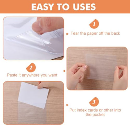 Outus 100 Pcs Index Card Pockets, 2 x 3.75, 3 x 5 Inch Clear Self Adhesive Labels Pocket for Business, Plastic Label Sleeves with Top Open for Organizing Storage Bins Library Card Shelves Scrapbooks - size: 2 x 3.75, 3 x 5 Inch